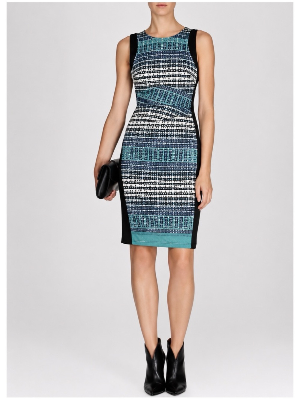 Karen Millen Women’s Sz 8 Blue Black Sheath Dress Bonded Jersey Ruched